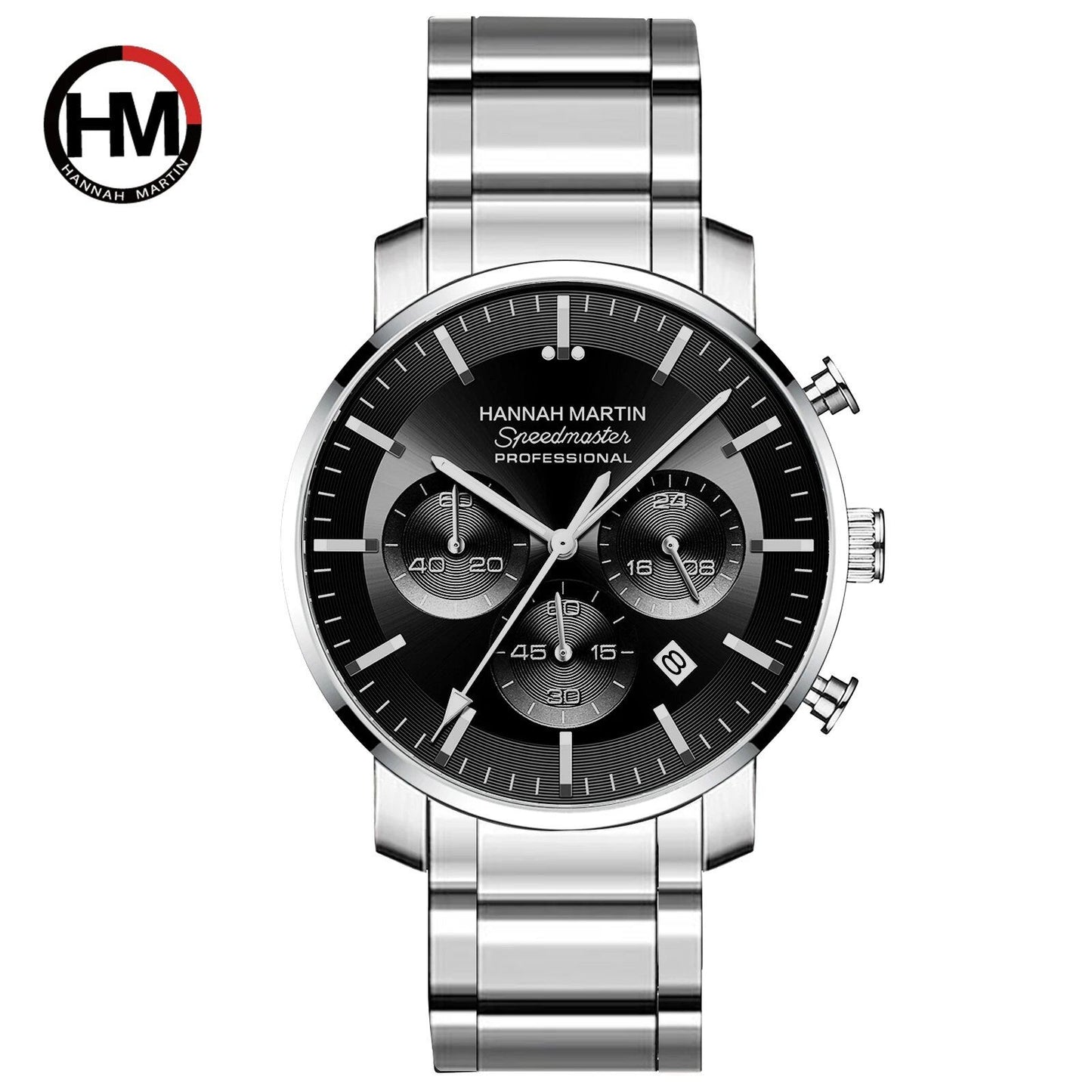 New Hannah Martin Multi-Function Watch, 46mm Blue & Silver Stainless Steel, Casual Quartz Watch, Free Shipping, Color: 113, Parallel Import