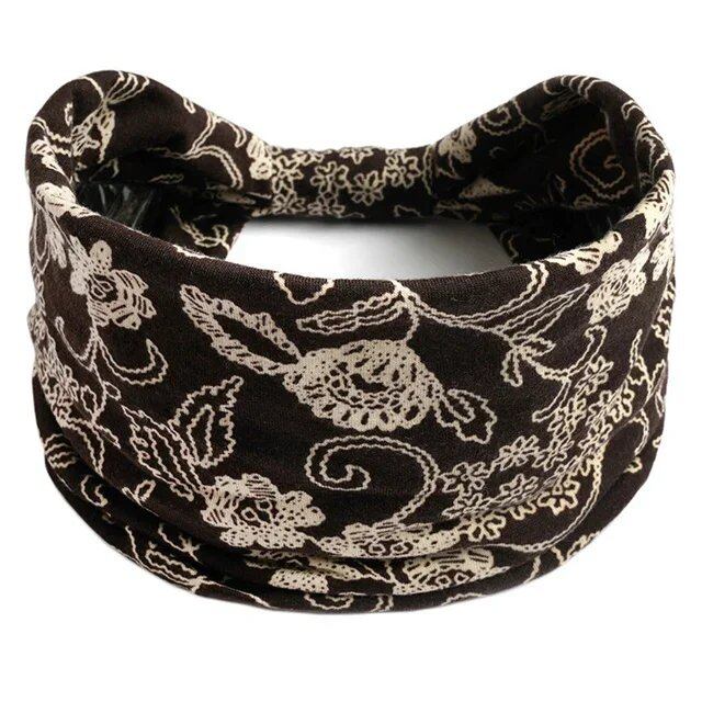 New Boho Floral Print Wide Headband with Vintage Knot Elastic Turban Headwrap for Women and Girls, Cotton Soft Bandana Hair Accessory, Parallel Import