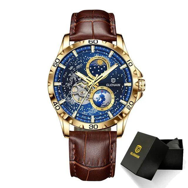 Grenau Men's Automatic Mechanical Watch with Rotating Earth Design, Double Second Hand, Starry Sky Design, Stainless Steel and Leather Strap, Color: Blue, Parallel Import