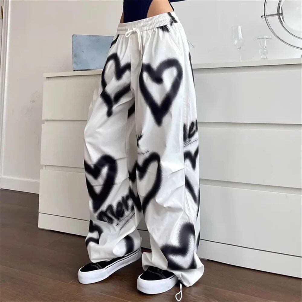 Love Graffiti Women's Wide Leg Pants, Y2K Style, Stretch High Waist, Streetwear, Loose Drawstring, Jogging Pants, Korean Style, Casual Sweatpants, Size: 100% Cotton, Color: White, Parallel Import