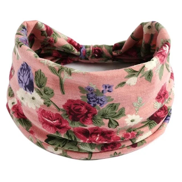 New Boho Floral Print Wide Headband with Vintage Knot Elastic Turban Headwrap for Women and Girls, Cotton Soft Bandana Hair Accessory, Parallel Import