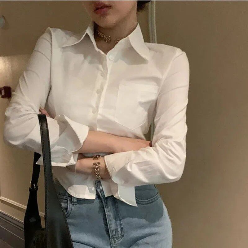 Korean-style white chiffon blouse for business women, spring long sleeves, pockets, button-up top, size: Parallel import