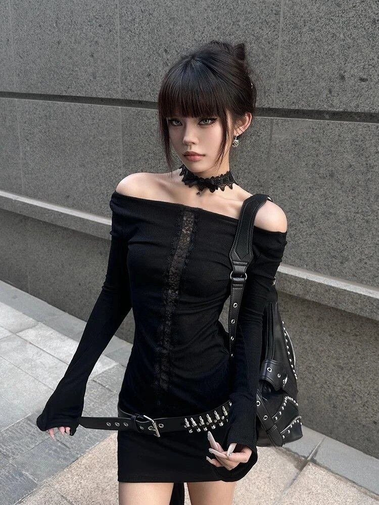 Y2K Subculture Japanese Style Long Sleeve T-Shirt, Lace-Up Gothic Black Tee, Women's Streetwear, Punk Design, Size: Parallel Import