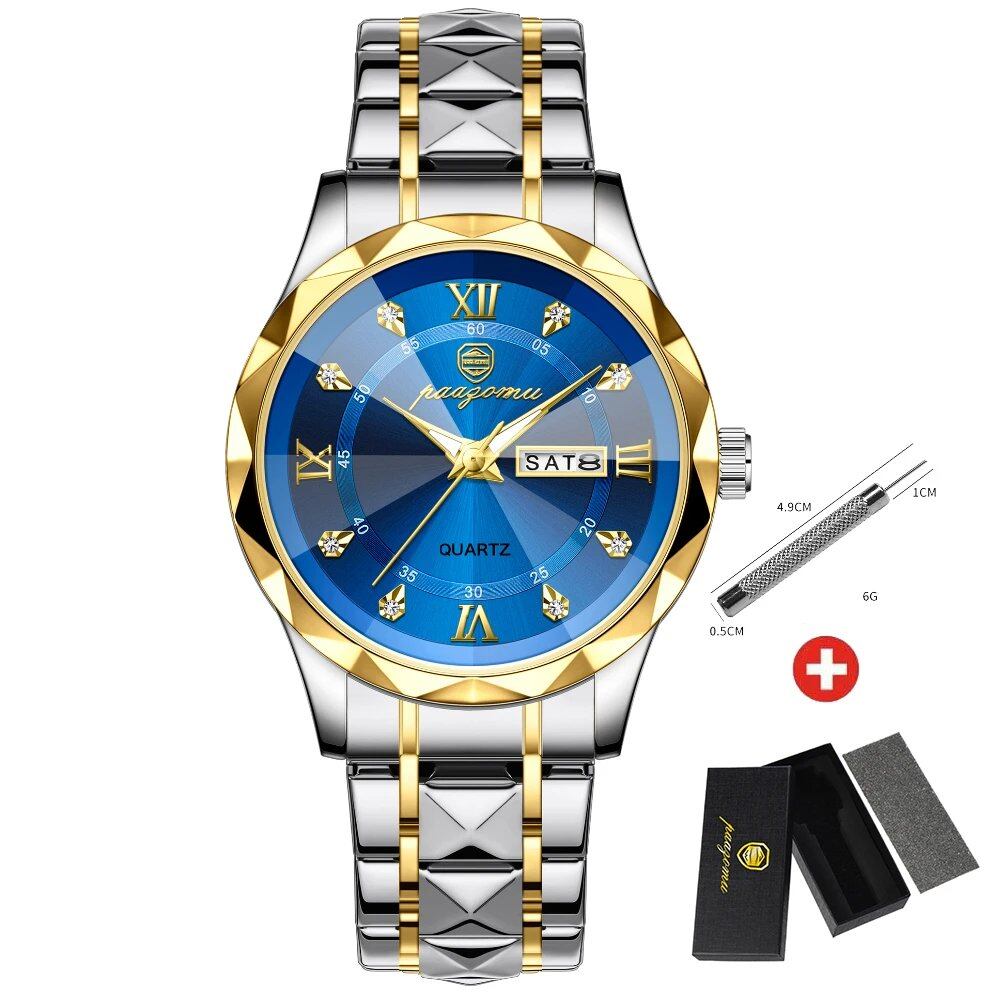 PAAZOMU Luxury Men's Watch, Business Watch, Waterproof, Luminous, Date and Day Display, Quartz Movement, High Quality + Box Included, Color: Gold, Parallel Import