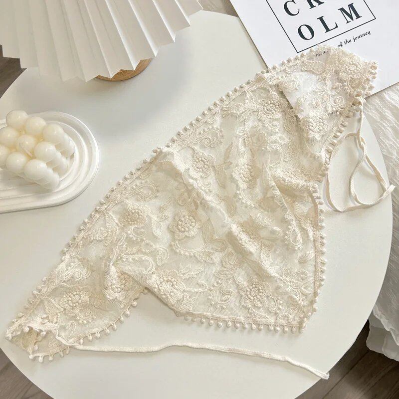 New Lace Triangle Bandana Headscarf, Beige, French Farm Style, Girly Korean Style, Instagrammable, Lace-Up Hairband, Top Cap, Size: One Size Fits Most; Color: Parallel Import