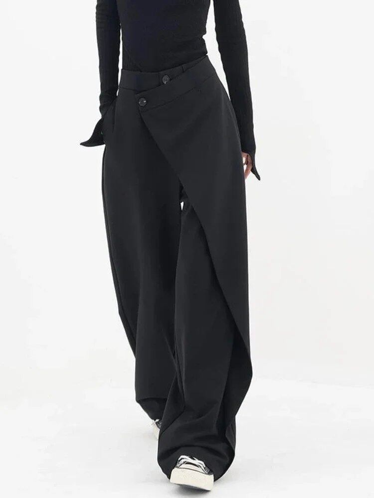 HOUZHOU Women's Wide-Leg Suit Pants, High-Waisted, Gothic Japanese Style, Baggy Pants, Black, Straight-leg Pants, Casual Streetwear, Size: 100% Cotton; Color: Black, Parallel Import