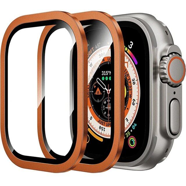Apple Watch Ultra 49mm / Ultra 2用 ガラス全面保護フィルム 2枚セット メタルフレーム+強化ガラス カラー:;ダイアル直径:ウルトラ1 2 49mm 2個 並行輸入品