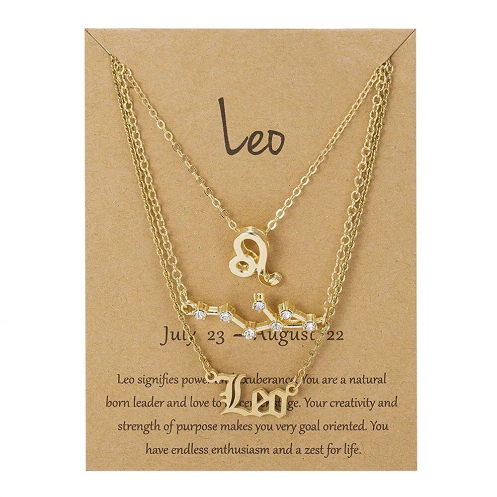 Set of 3 Women's 12 Zodiac Sign Necklaces with Pendant Chains, Chokers, Birthday Jewelry, Cardboard Cards, 45cm Long; Metal Color: 6252, Parallel Import