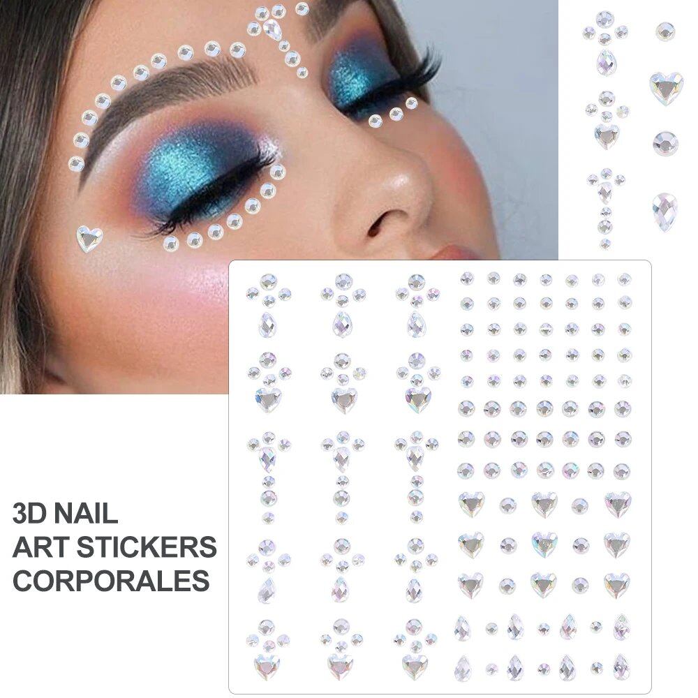 1/5/8-Piece 3D Face and Eye Tattoo Stickers for Party Makeup, Diamond Rhinestone Stickers, Self-Adhesive Mixed Crystal Face Decoration Stickers, Parallel Import