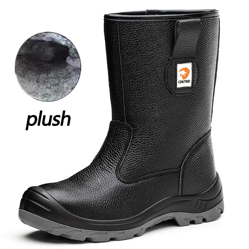 Men's Waterproof Mid-Length Safety Boots, Leather Work Boots, Impact and Puncture Resistant, Industrial Protective Boots, Cowhide Leather, Color: Black, Parallel Import