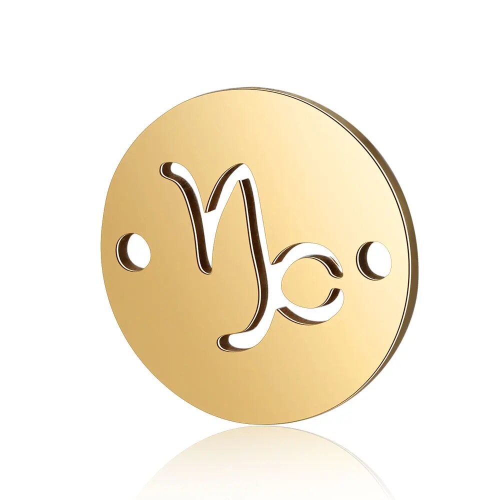 Set of 10 12mm Gold-Colored Round Zodiac Charms, 12 Zodiac Signs, 2-Hole DIY Bracelet Chain Connectors, Metal Color, Parallel Import