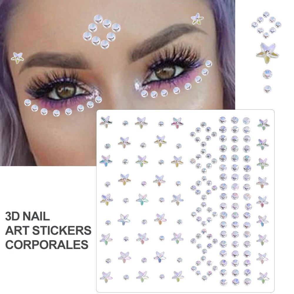 1/5/8-Piece 3D Face and Eye Tattoo Stickers for Party Makeup, Diamond Rhinestone Stickers, Self-Adhesive Mixed Crystal Face Decoration Stickers, Parallel Import