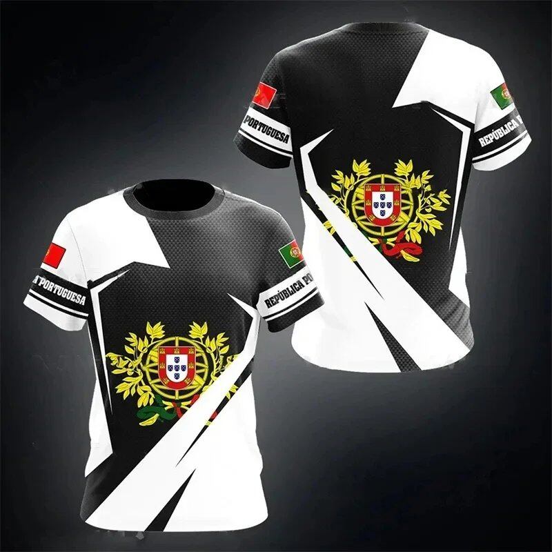 3D Printed Portuguese Flag T-Shirt with Portuguese Emblem and Spiritual Totem, Men's Short Sleeve Cool T-Shirt, Streetwear, Size: Parallel Import