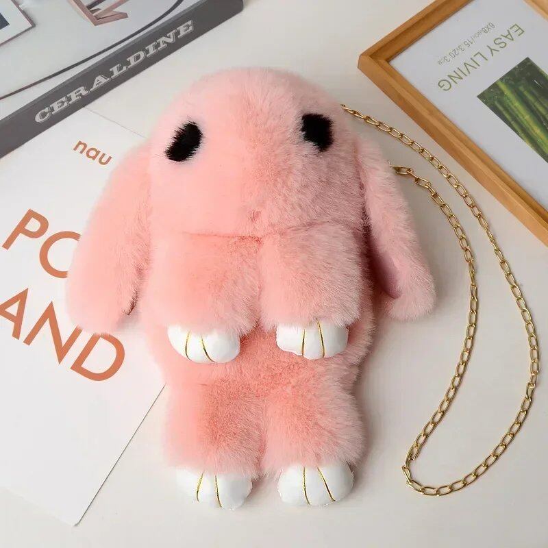 Cute Fluffy Rabbit Pom Pom Chain Bag for Women, Cartoon Rabbit Sling Bag, Plush Bunny Shoulder Backpack, Birthday Gift for Girls, Parallel Import