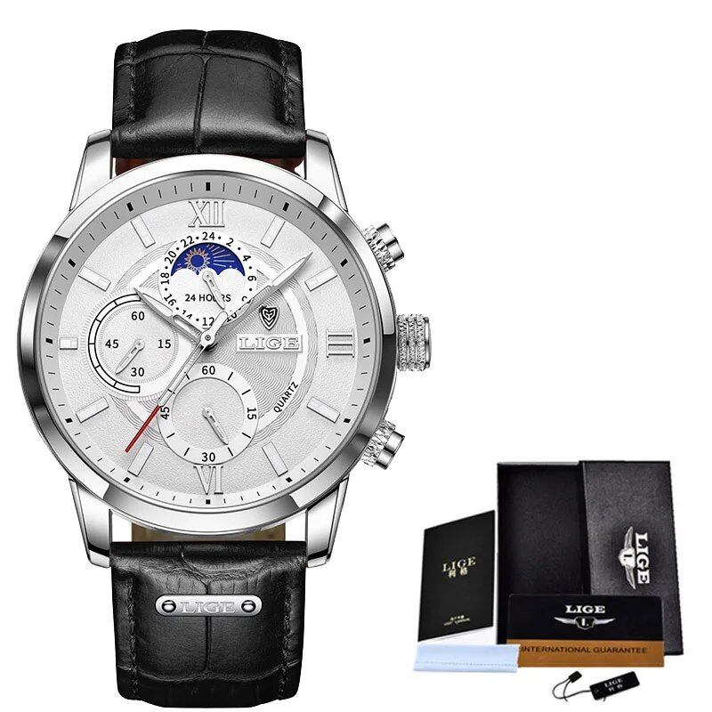 LIGE Men's Watch, Top Brand, Luxury Leather Quartz Movement, Waterproof Sport Watch, Color: Parallel Import