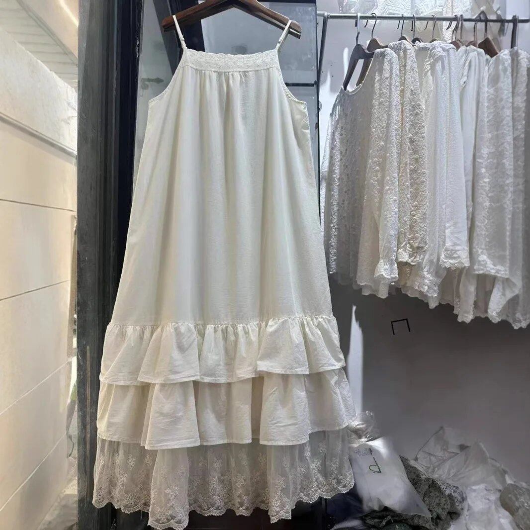 100%コットンレース刺繍パッチワークスリップドレス 森ガール 春夏 和風 スウィートペチコートドレス ロリータ かわいい服 サイズ:ワンサイズ; 並行輸入品