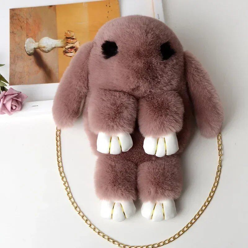 Cute Fluffy Rabbit Pom Pom Chain Bag for Women, Cartoon Rabbit Sling Bag, Plush Bunny Shoulder Backpack, Birthday Gift for Girls, Parallel Import