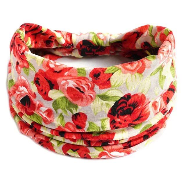 New Boho Floral Print Wide Headband with Vintage Knot Elastic Turban Headwrap for Women and Girls, Cotton Soft Bandana Hair Accessory, Parallel Import
