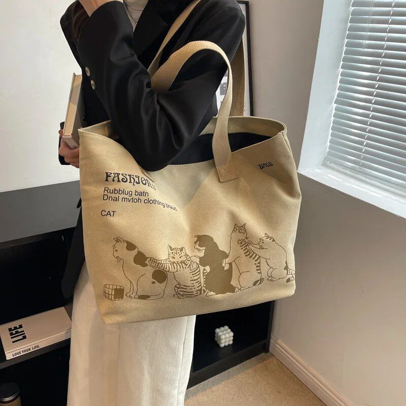 女性用キャンバストートバッグ 猫プリント アニマルショッパー ショルダーバッグ カジュアル デザイナー 大容量 旅行 買い物 ハンドバッグ スクールバッグ ドロップシップ対応 並行輸入品