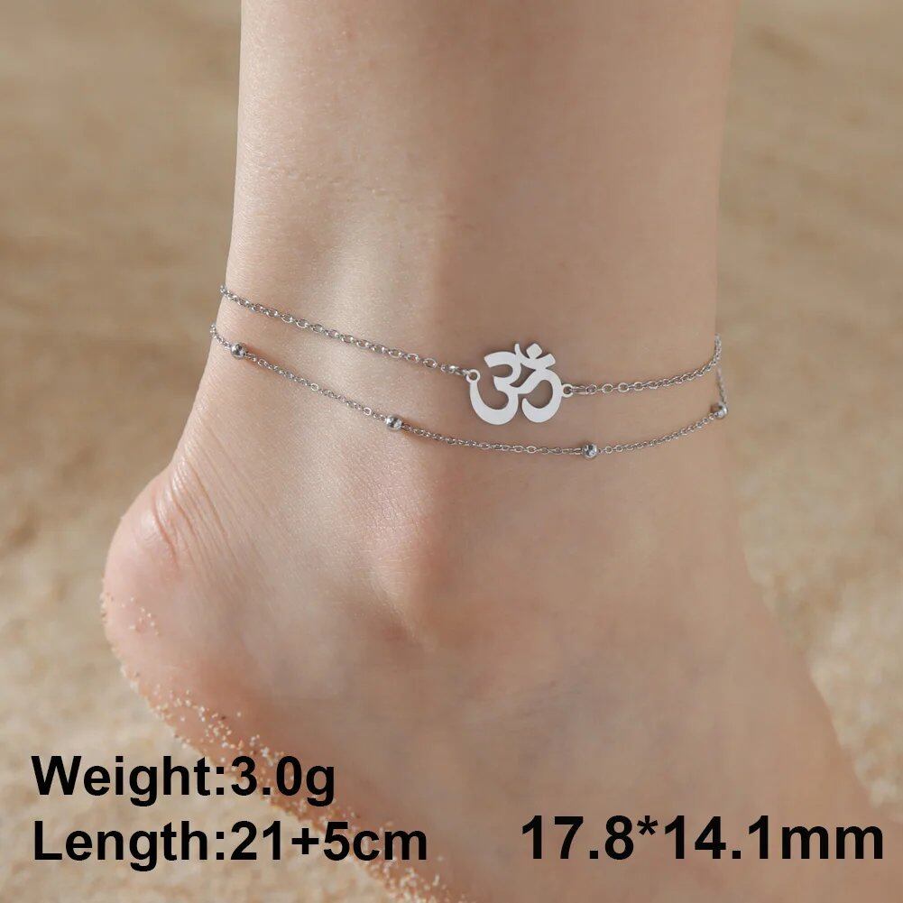 Dawapara Om Sanskrit Symbol Anklet Bracelet, Hindu Yoga Ankle Chain Bracelet, Stainless Steel, Spiritual Jewelry, 100cm, Parallel Import
