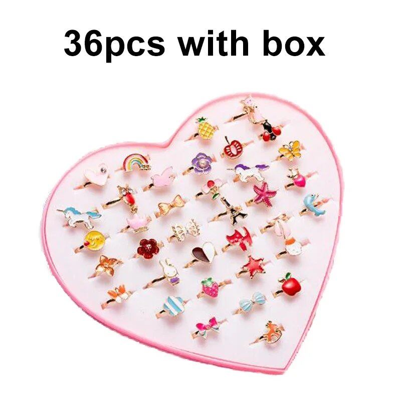 10/20/36-Piece Cute Adjustable Rings for Kids and Girls, Pretend Play Makeup Toy, Cartoon Crystal Jewelry, Alloy, Animal, Enamel Rings, Parallel Import