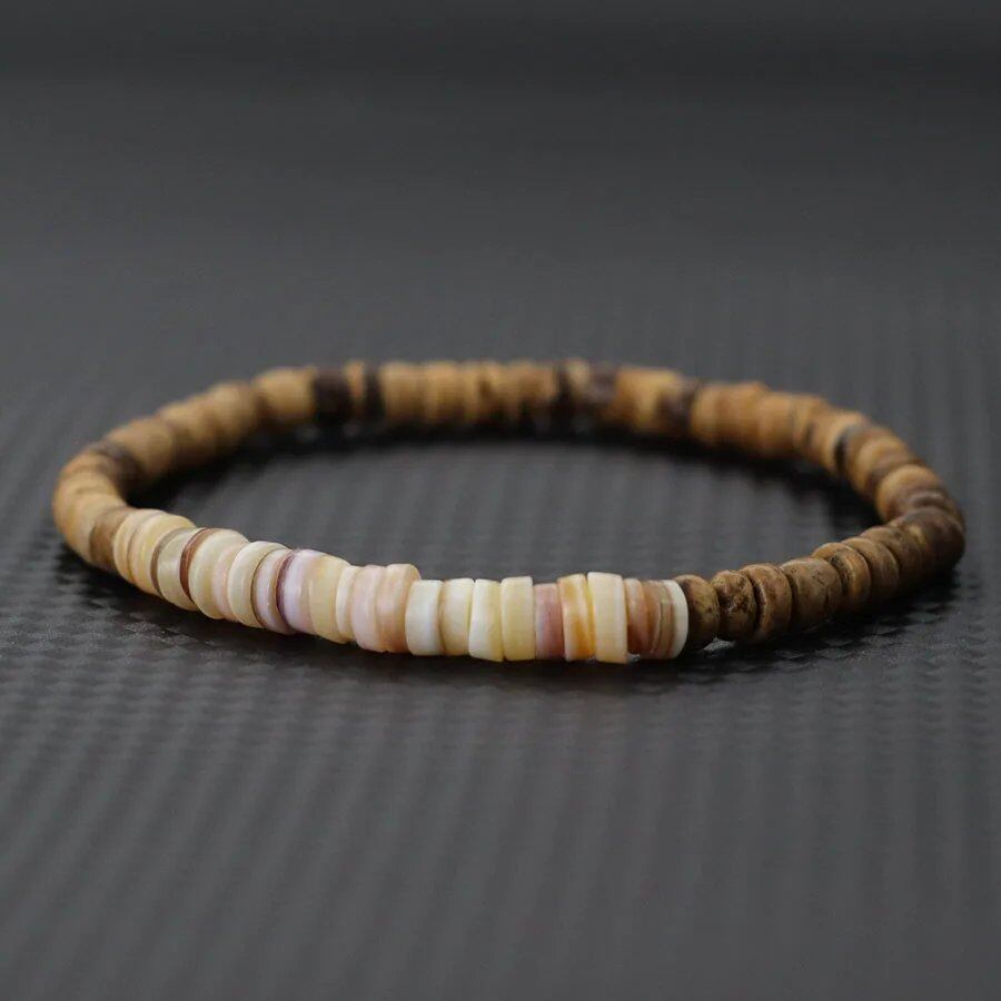 Men's Handmade Coconut Bead Bracelet, Natural Materials, Meditation Jewelry, Grade A Shell Bracelet, Perfect for Beach, Surfing, Cycling, and Joyous. Length: 19.5cm (7.7 inches); Metal Color: Parallel Import.