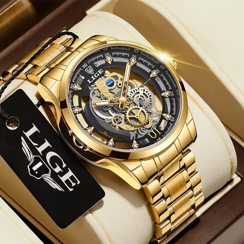 LIGE New Men's Skeleton Quartz Watch, Gold, Retro, Top Brand, Luxury Watch, Men's, Relo Hombre, Color: Parallel Import