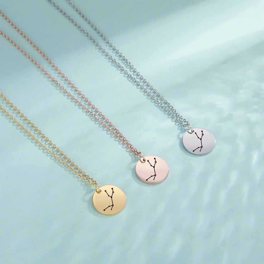 Skyrim Zodiac Necklace for Women, Skyline Design, Stainless Steel, Leo, Gemini, Taurus, Aries, Libra, Virgo Pendant, 45-50cm Long; Main Stone Color: Parallel Import