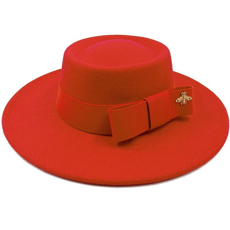 Winter Bowtie Fedora Hat with Textured Surface, Flat Top, and Elastic Band. Red. Men's and Women's Jazz Hat. Sizes: 56-58cm. Ships from: Parallel Import.