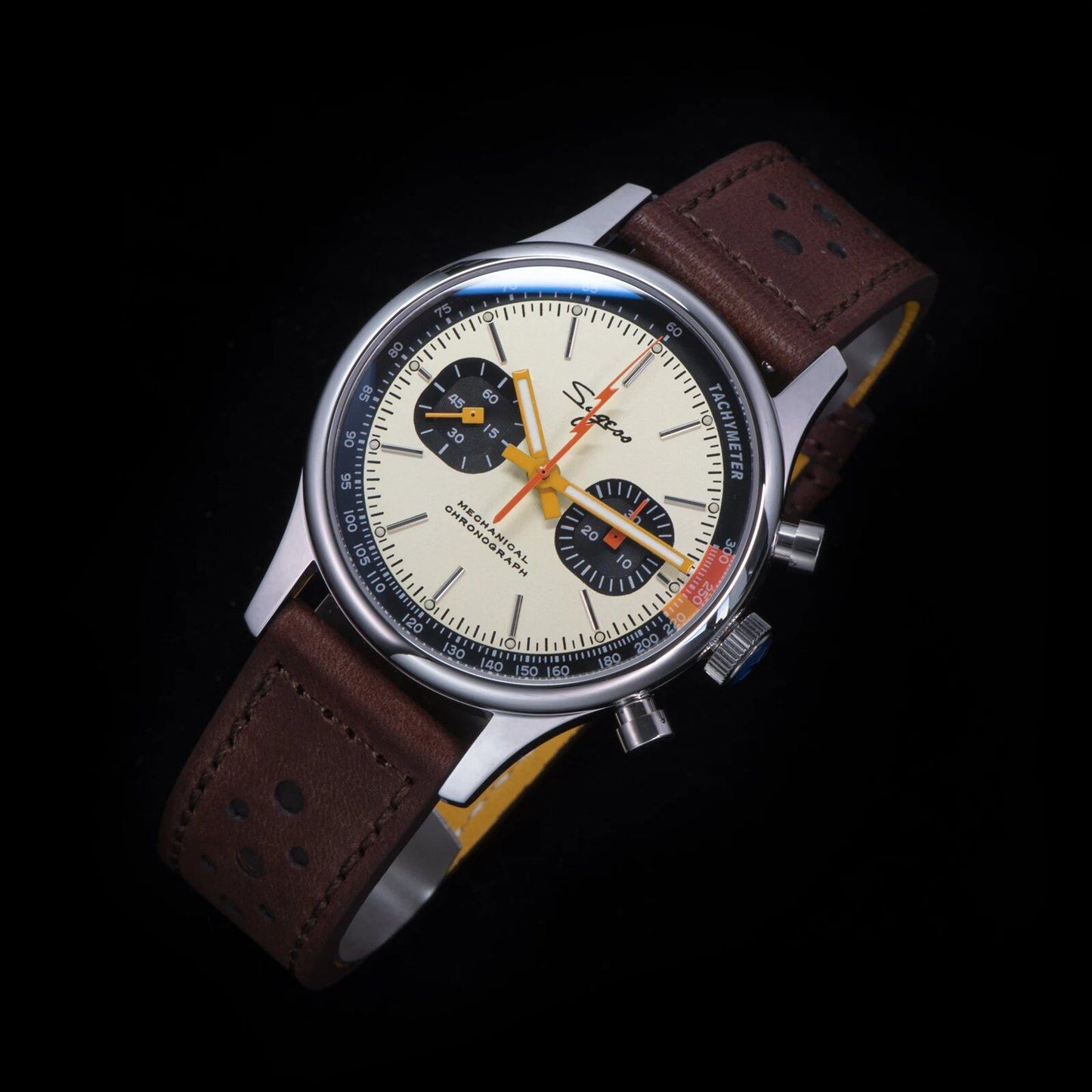 Sugess Tianjin ST19 Men's Chronograph Mechanical Watch with Swan Neck Movement, Sapphire Crystal, V2, Cream with Hole Strap; Ships from: Parallel Import