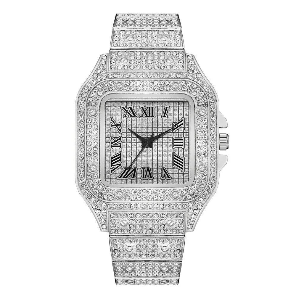 Luxury Classic Business Men's Watch with Steel Band, Square Shape, Roman Numerals, Rhinestones, Quartz Movement; Ships from: Parallel Import
