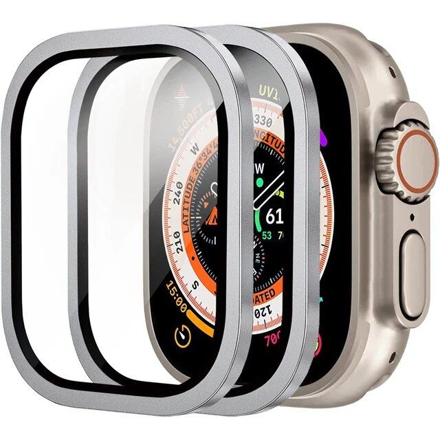 Apple Watch Ultra 49mm / Ultra 2用 ガラス全面保護フィルム 2枚セット メタルフレーム+強化ガラス カラー:;ダイアル直径:ウルトラ1 2 49mm 2個 並行輸入品