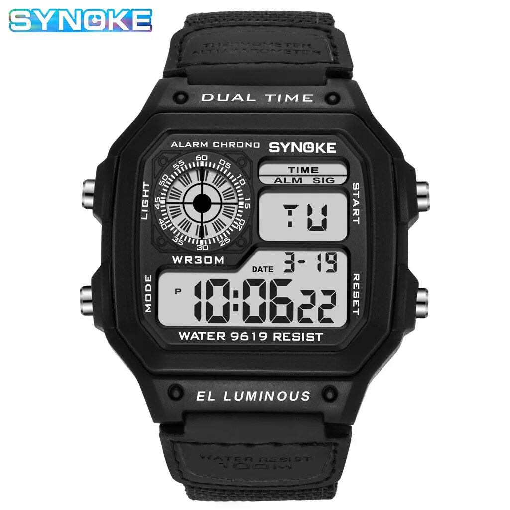 Synok Men's Outdoor Military Digital Watch with Retro Nylon Canvas Strap, Sports Waterproof Watch with Multi-Function Luminous Display, Parallel Import