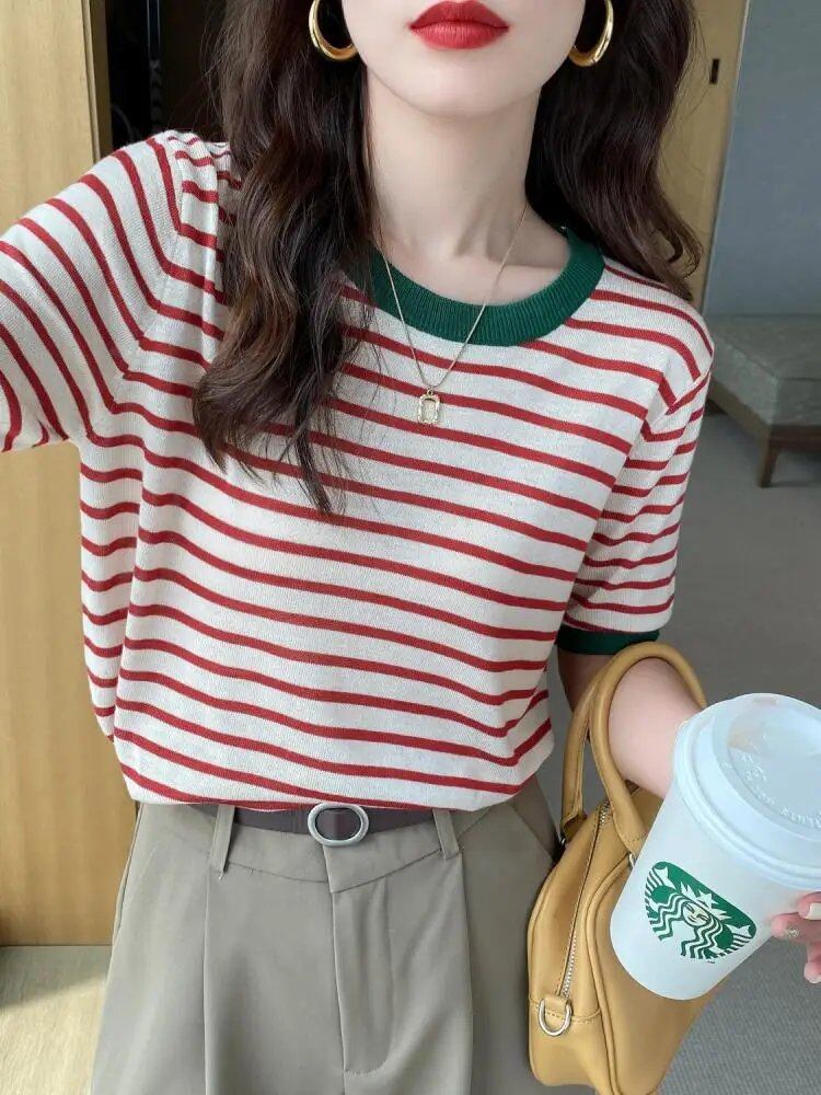 Women's Striped Knit Top, Round Neck, Summer Print, Short Sleeve, Casual, Simple, Wild T-Shirt, Size: One Size; Striped, Parallel Import