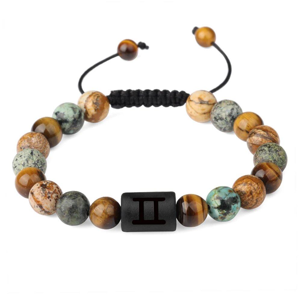 12 Zodiac Sign Beaded Bracelet, Natural Tiger Eye Stone, Zodiac Sign Bracelet for Men and Women, Charm Jewelry, Gift, Metal Color: Parallel Import