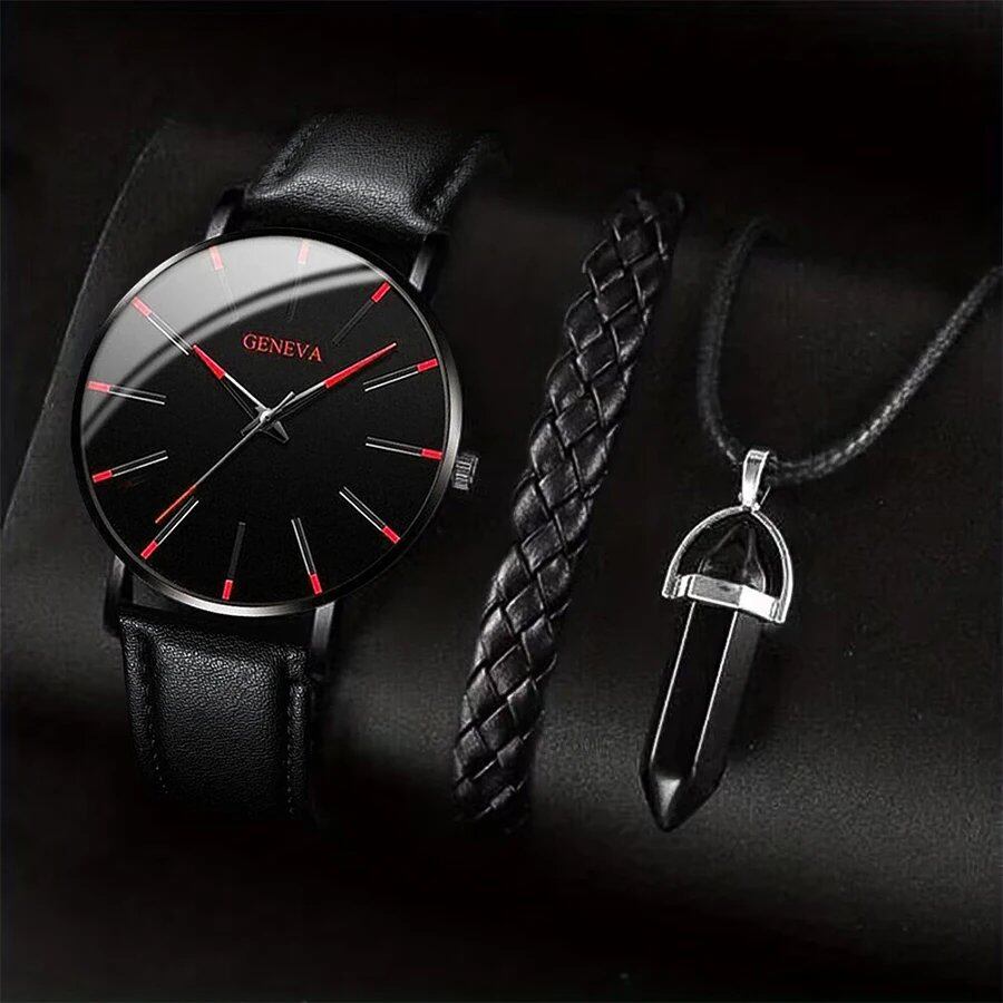 Set of 3 Men's Fashion Watches with Casual Leather Straps, Quartz Watches, and Business Watches, Bracelet & Necklace Set, Color: Set, Parallel Import