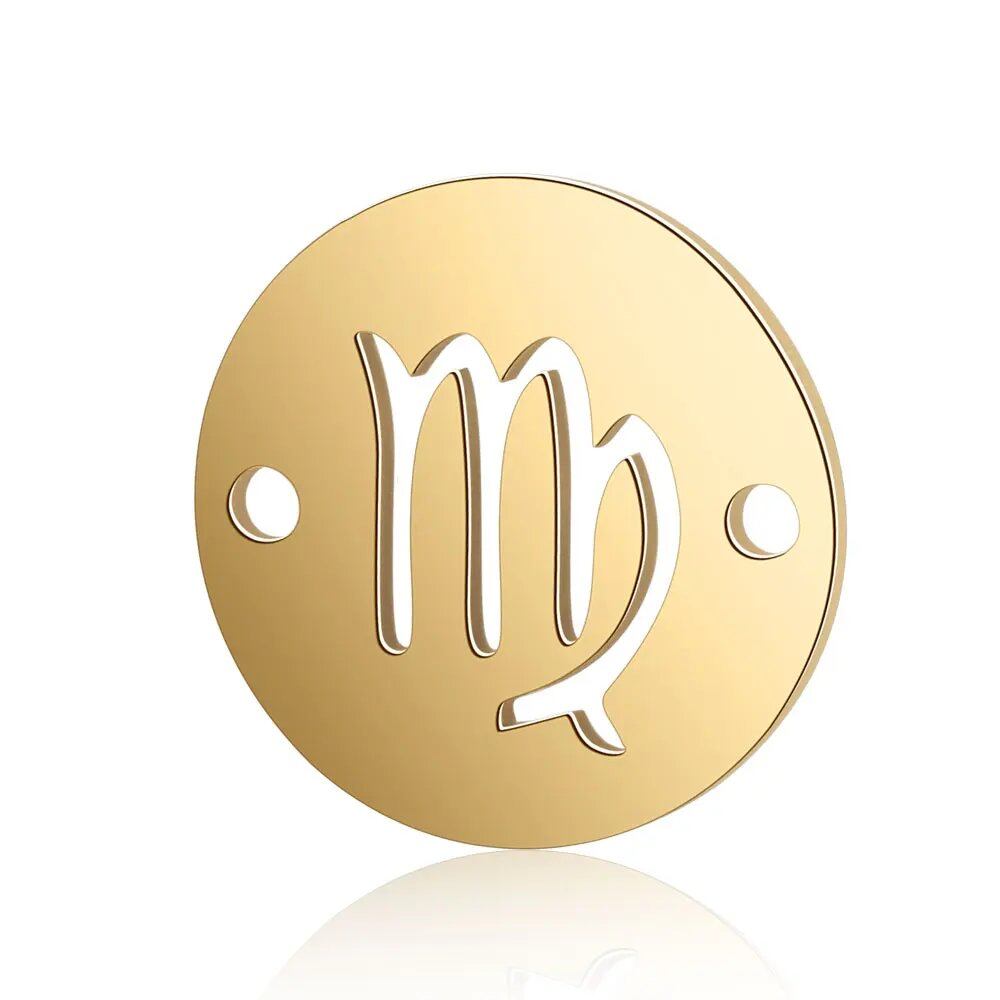 Set of 10 12mm Gold-Colored Round Zodiac Charms, 12 Zodiac Signs, 2-Hole DIY Bracelet Chain Connectors, Metal Color, Parallel Import