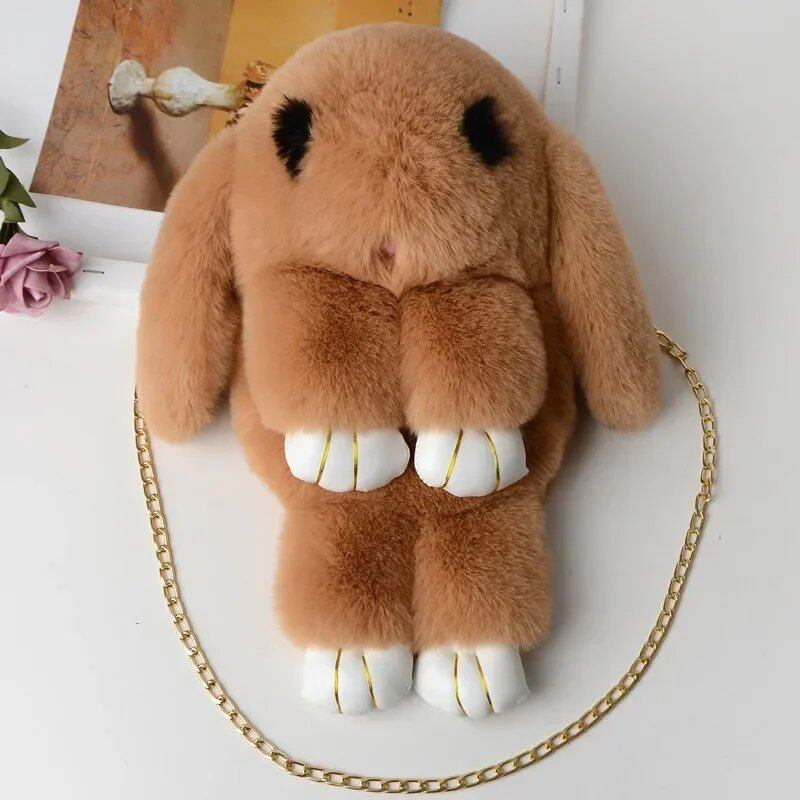 Cute Fluffy Rabbit Pom Pom Chain Bag for Women, Cartoon Rabbit Sling Bag, Plush Bunny Shoulder Backpack, Birthday Gift for Girls, Parallel Import