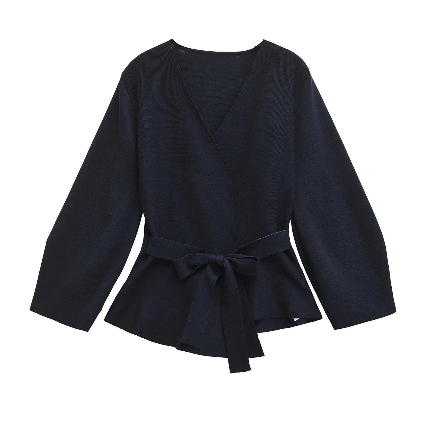 TRAFSHE Women's Spring Belted Knit Blazer with Shoulder Pads, Retro V-Neck, Long Sleeves, Multi-Coat, Size 9598/128, Parallel Import