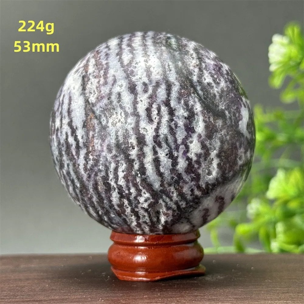 Natural Purple Zebra Fluorite Ball for Reiki Healing, Spiritual Meditation, Chakra Therapy, Magic, Ritual, Divination, Home Decoration, with Stand, Color: A, Parallel Import