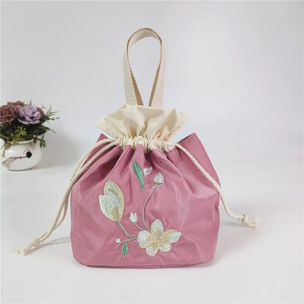 Satin Silk Embroidered Flower Handbag, Ruffle Mommy Bag, Hanfu Drawstring Bag, Korean Style Lunch Bag, Floral Bucket Bag, Outdoor Bag, Parallel Import