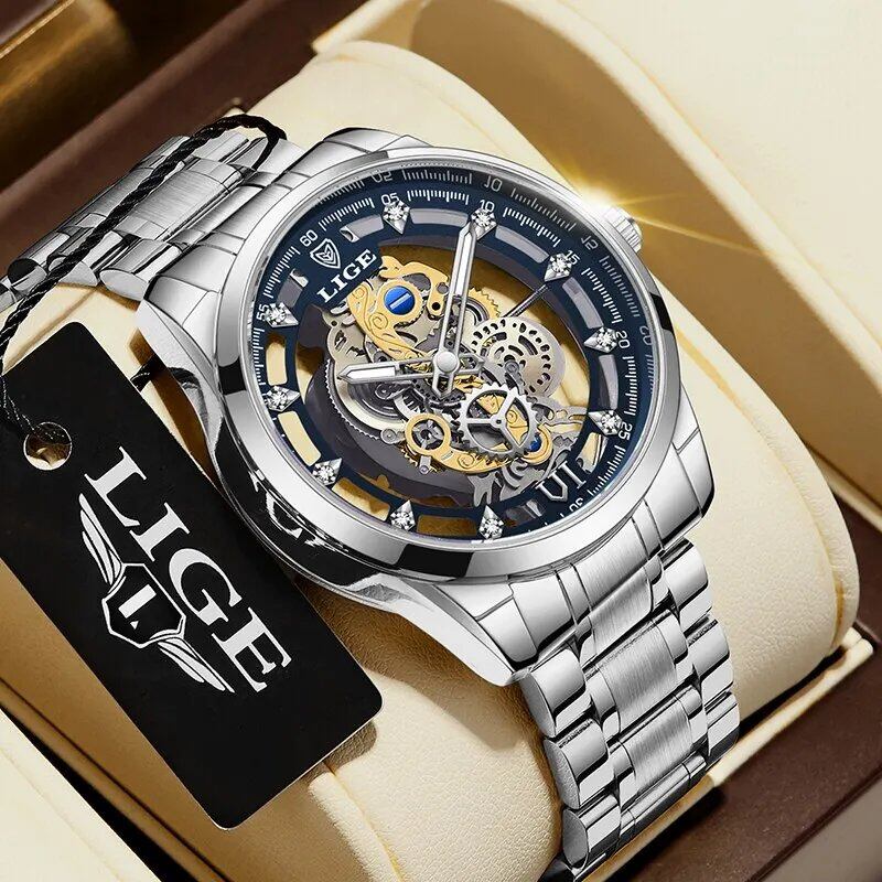 LIGE New Men's Skeleton Quartz Watch, Gold, Retro, Top Brand, Luxury Watch, Men's, Relo Hombre, Color: Parallel Import