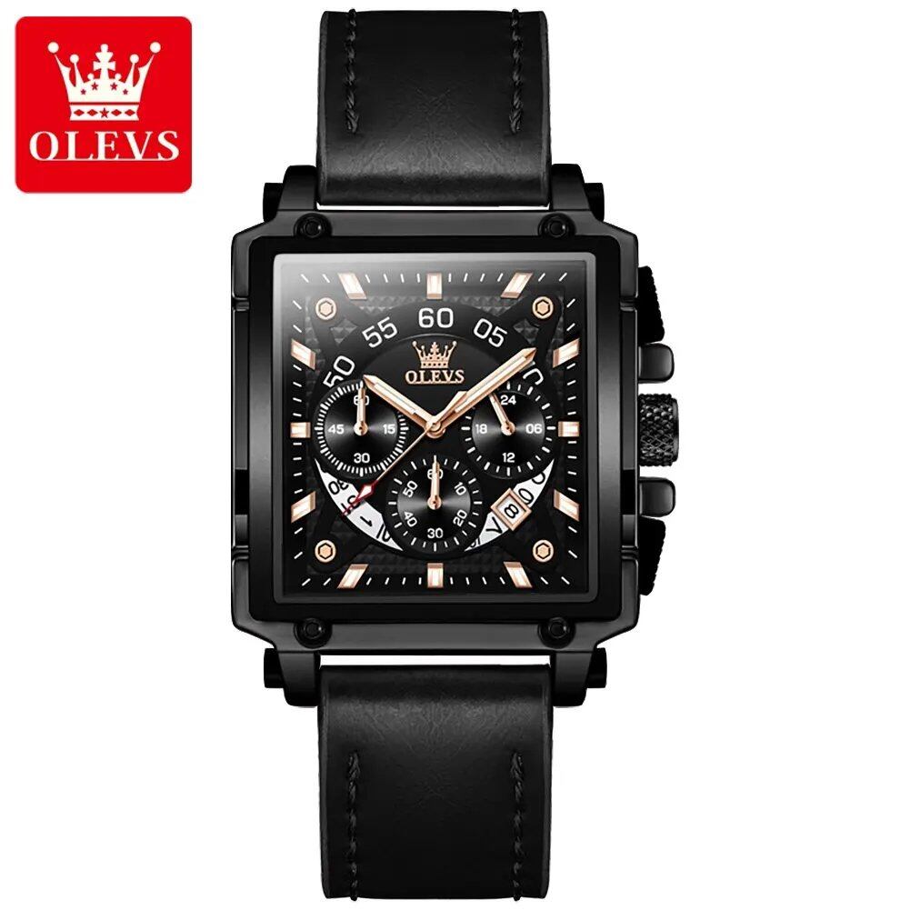 OLEVS Top Brand Men's Square Quartz Watch with Waterproof Leather Strap, Sports Clock for Men; Customization Unavailable, Parallel Import
