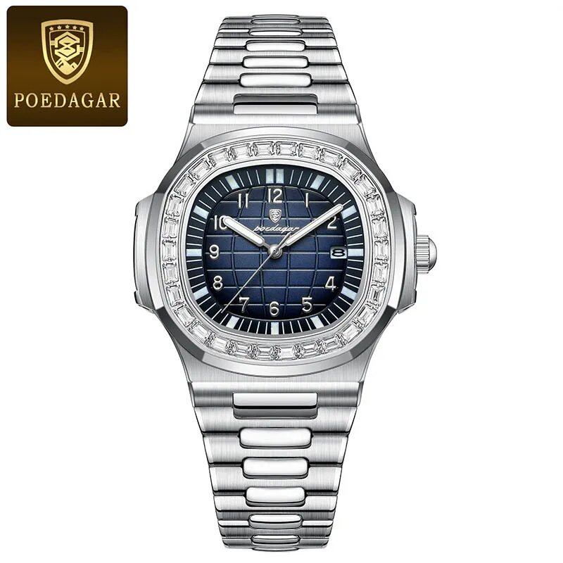 POEDAGAR Stainless Steel Men's Watch, Waterproof, Business Style, with Calendar, Quartz Movement, Luxury Laminated Square Design, Parallel Import