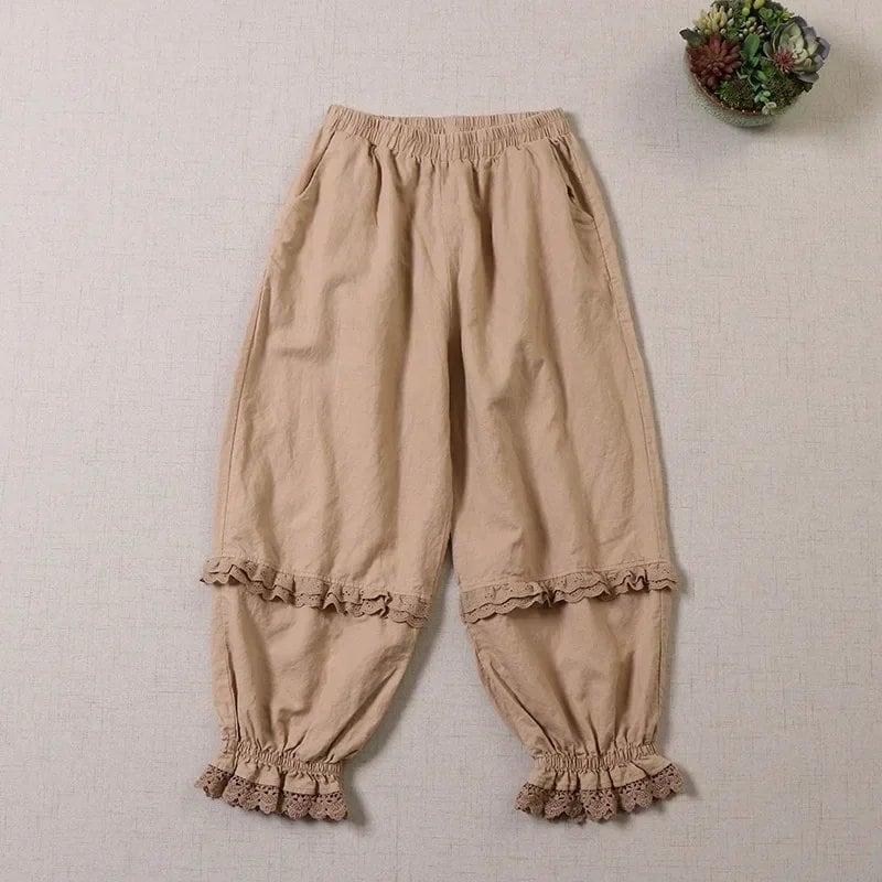 100%コットンリネン レディースビンテージ ヴィクトリアン ルーズブルーマーズパンツ プレーリー レトロ 森ガール フリルレース ロリータ パンタロン サイズ:ワンサイズ; 並行輸入品