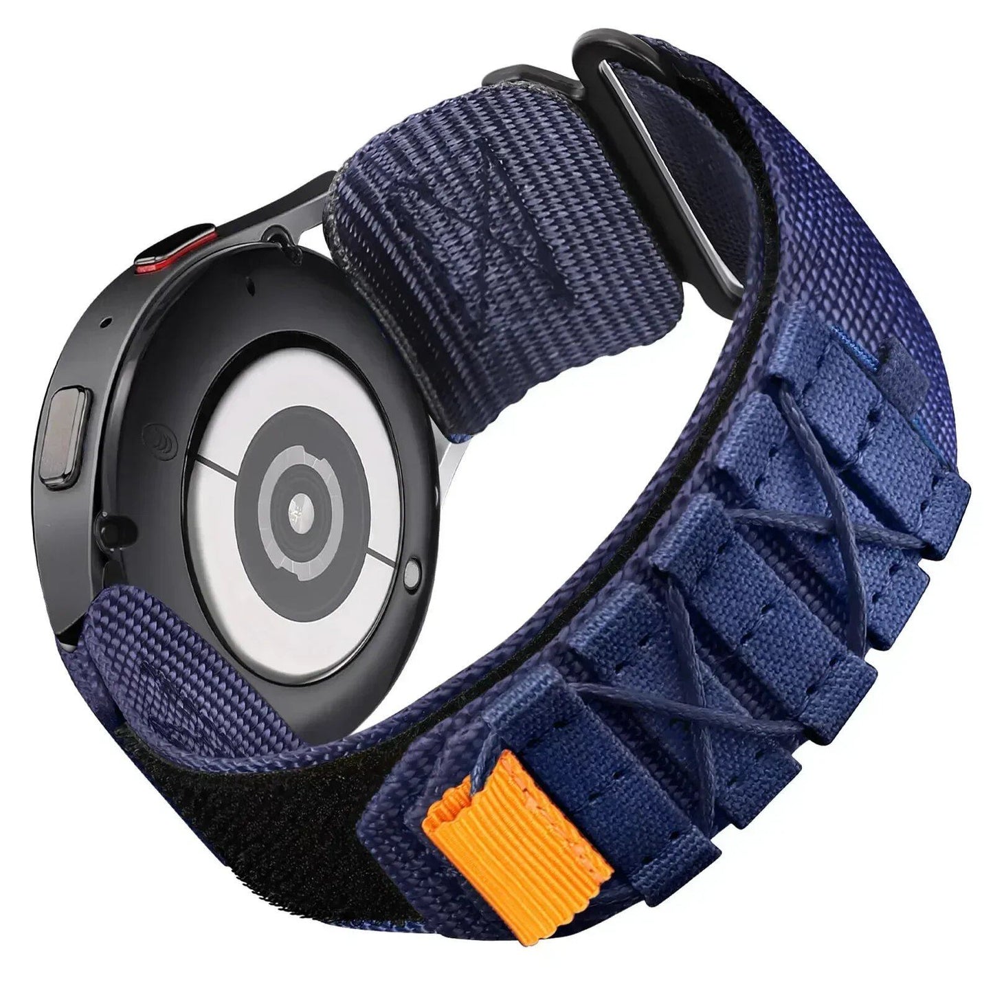 Compatible with Samsung Galaxy Watch 7, 6, 5, 4 (40mm), 5 Pro, 6 Classic (47mm), and HUAWEI WATCH 4, GT3, and 4 Pro. Nylon sports strap (22mm and 20mm). Sizes: mm. Parallel import.
