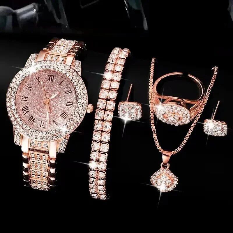 Set of 6 Luxury Women's Watches, Elegant Alloy Case, Crystal Quartz Movement, Rhinestone Bracelet, Montre, Gift, Parallel Import