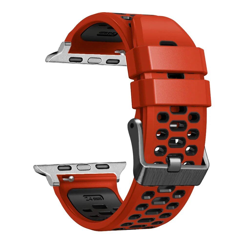 Breathable silicone wristband for Apple Watch Ultra 2 (49mm) / Series 9, 8, 7, SE, and 6 (45mm, 44mm, 42mm). Band Colors: 49mm, 45mm, 44mm, 42mm. Parallel import.