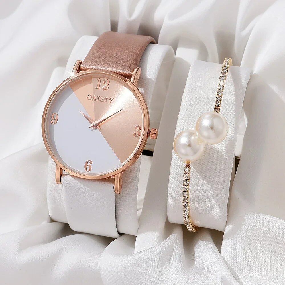Luxury Women's Watch Set, Colorful PU Leather Strap Quartz Watch with Alloy Bracelet, Color: G-H160, Imported.