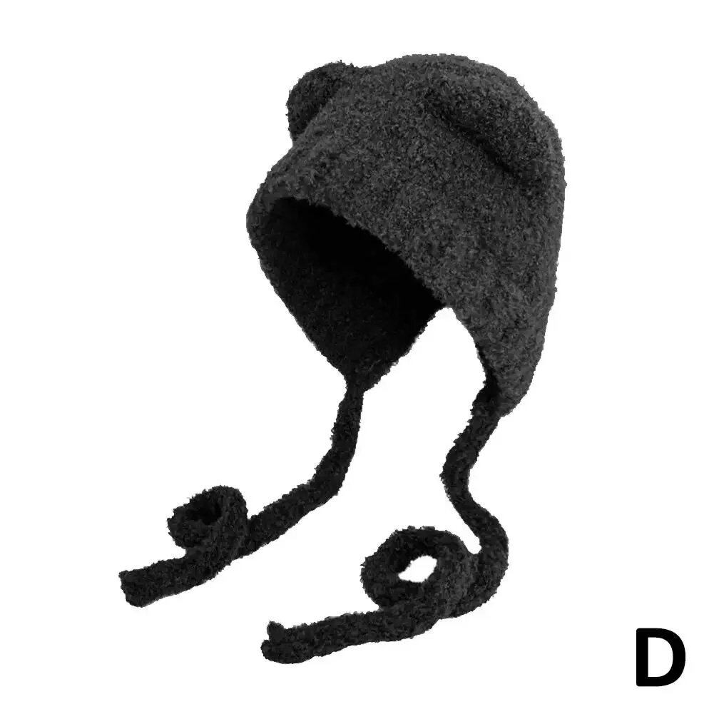 Winter Plush Beanie, Cute Bear Ear Wool Hat with Warm Lace-Up Ears, Korean Style Knitted Hat for Women, Bonnet Cap; Ships from: Parallel Import